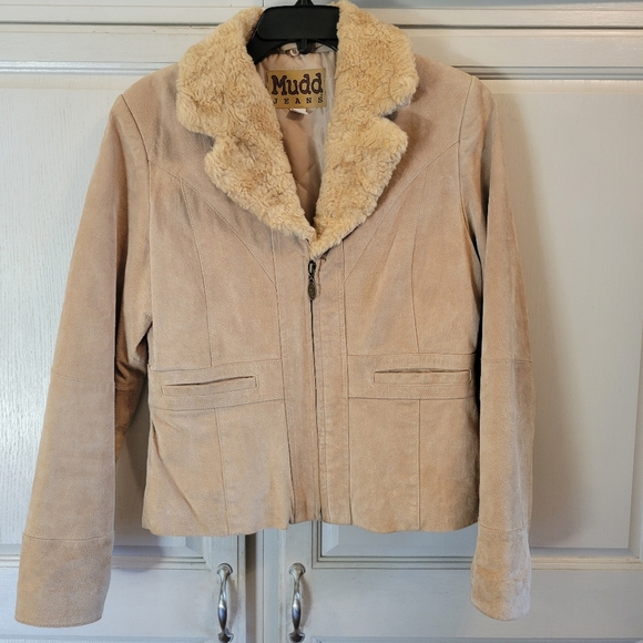 Mudd Jeans Faux Fur Collar Tan Leather Suede Jacket Coat - Picture 1 of 8